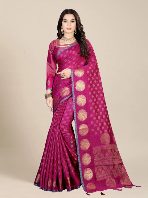 

MS RETAIL Magenta & Green Ethnic Motifs Zari Chanderi Saree