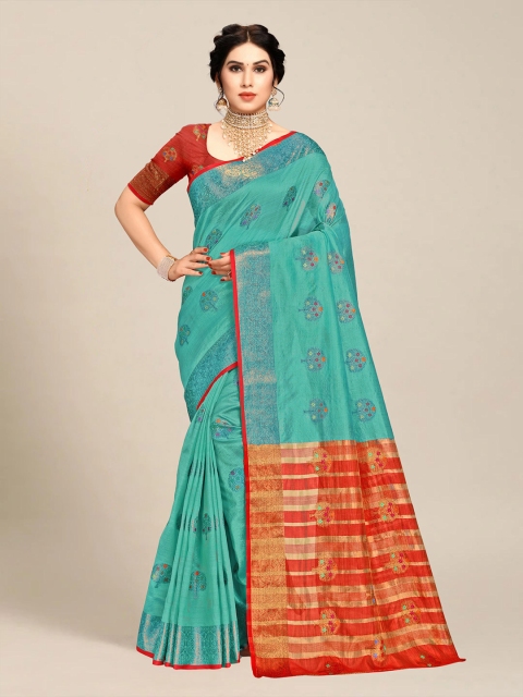 

MS RETAIL Turquoise Blue & Gold-Toned Floral Zari Banarasi Saree