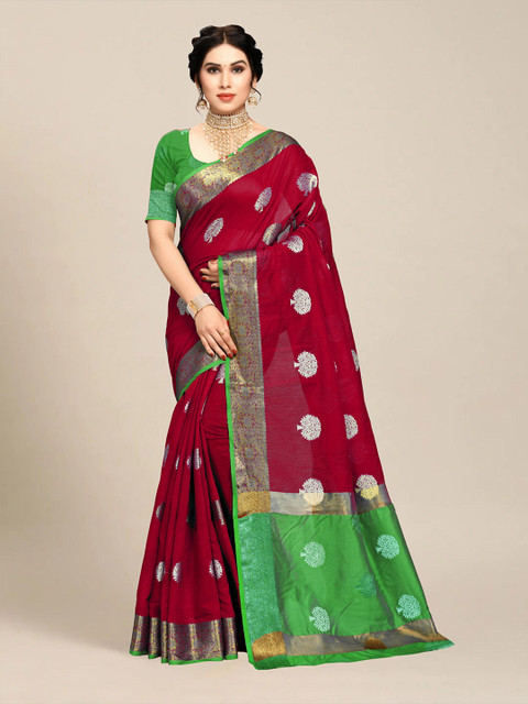 

MS RETAIL Red & Green Floral Zari Chanderi Saree