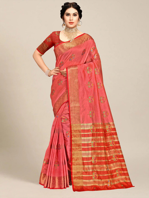 

MS RETAIL Peach-Coloured & Gold-Toned Floral Zari Banarasi Saree
