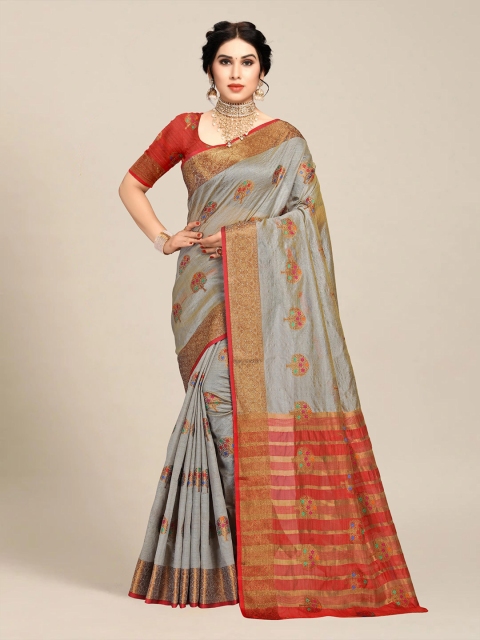 

MS RETAIL Grey & Red Floral Zari Banarasi Saree