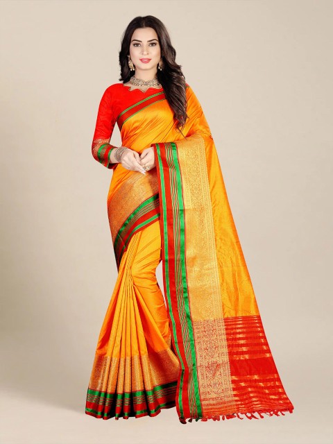 

MS RETAIL Mustard & Red Zari Banarasi Saree