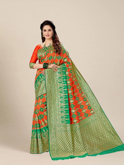 

MS RETAIL Orange & Green Ethnic Motifs Zari Banarasi Saree
