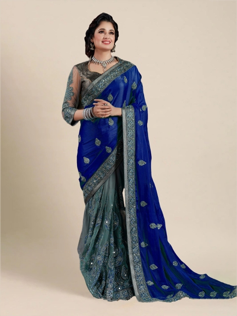 

MS RETAIL Blue & Grey Colourblocked Mirror Work Half and Half Saree