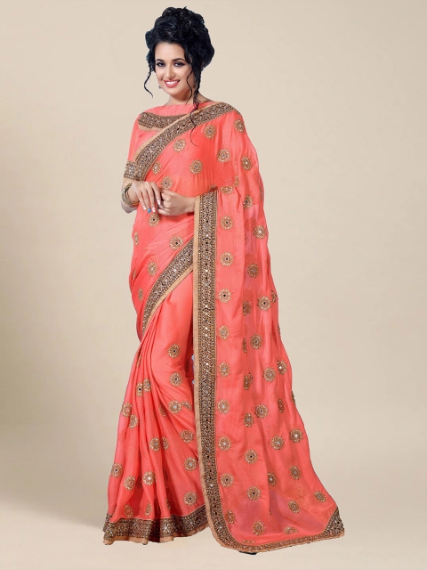 

MS RETAIL Pink & Gold-Toned Floral Mirror Work Saree