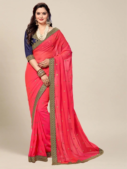 

MS RETAIL Pink & Blue Embellished Embroidered Pure Chiffon Saree