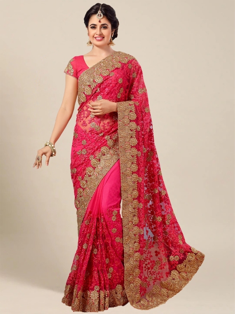 

MS RETAIL Pink & Gold-Toned Floral Embroidered Net Saree