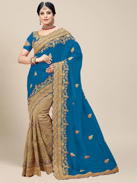 

MS RETAIL Blue & Gold-Toned Embellished Embroidered Half and Half Saree