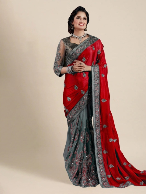 

MS RETAIL Red & Grey Floral Embroidered Half and Half Saree