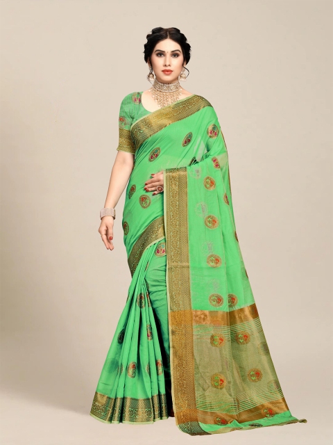 

MS RETAIL Green & Gold-Toned Floral Zari Chanderi Saree