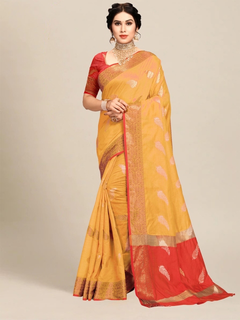 

MS RETAIL Yellow & Red Floral Zari Chanderi Saree