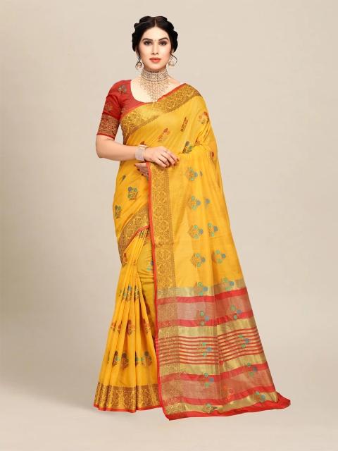 

MS RETAIL Yellow & Red Floral Zari Chanderi Saree