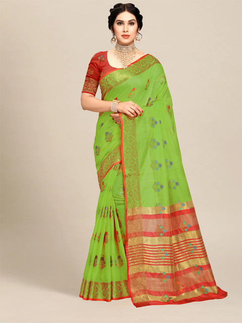 

MS RETAIL Green & Red Floral Zari Chanderi Saree