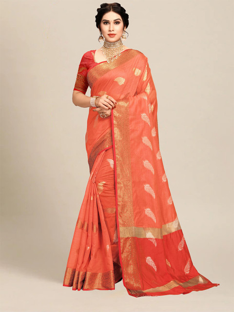 

MS RETAIL Orange & Gold-Toned Floral Zari Chanderi Saree