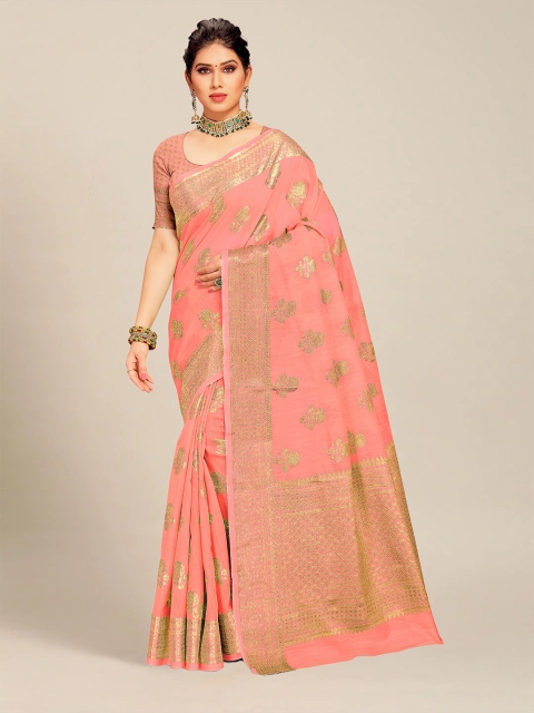 

MS RETAIL Pink & Gold-Toned Ethnic Motifs Zari Chanderi Saree