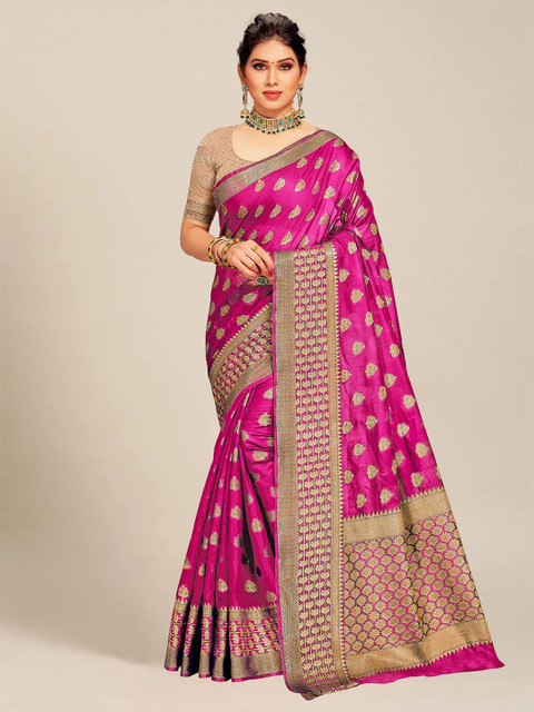 

MS RETAIL Magenta & Gold-Toned Ethnic Motifs Zari Chanderi Saree