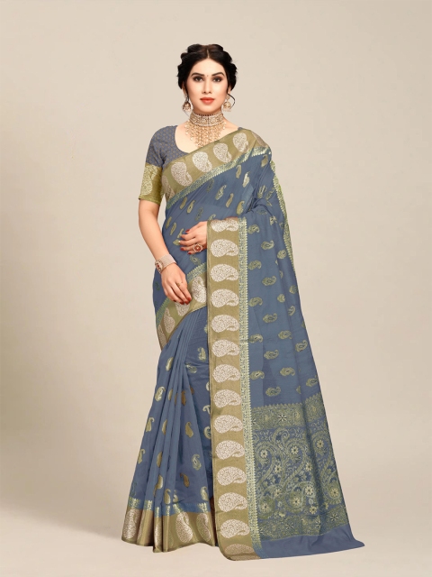 

MS RETAIL Grey & Green Paisley Zari Chanderi Saree