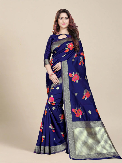 

MS RETAIL Navy Blue & Orange Floral Zari Art Silk Banarasi Saree