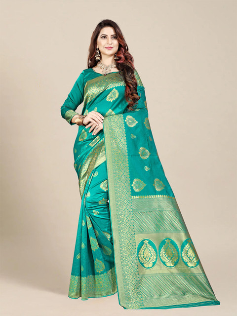 

MS RETAIL Teal & Gold-Toned Ethnic Motifs Zari Art Silk Banarasi Saree