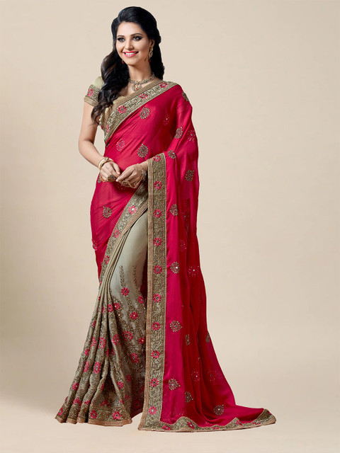 

MS RETAIL Magenta & Gold-Toned Floral Zari Pure Chiffon Saree