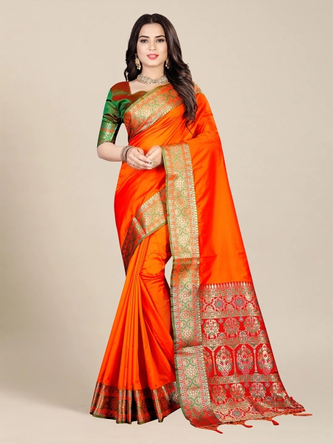 

MS RETAIL Orange & Green Ethnic Motifs Zari Art Silk Banarasi Saree