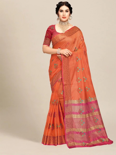 

MS RETAIL Orange & Green Floral Zari Chanderi Saree