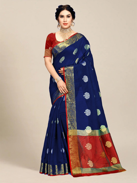 

MS RETAIL Navy Blue & Red Floral Zari Chanderi Saree