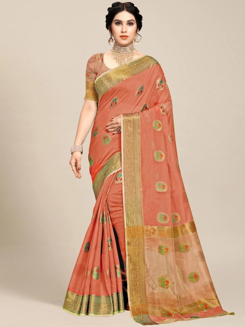 

MS RETAIL Orange & Green Floral Zari Chanderi Saree