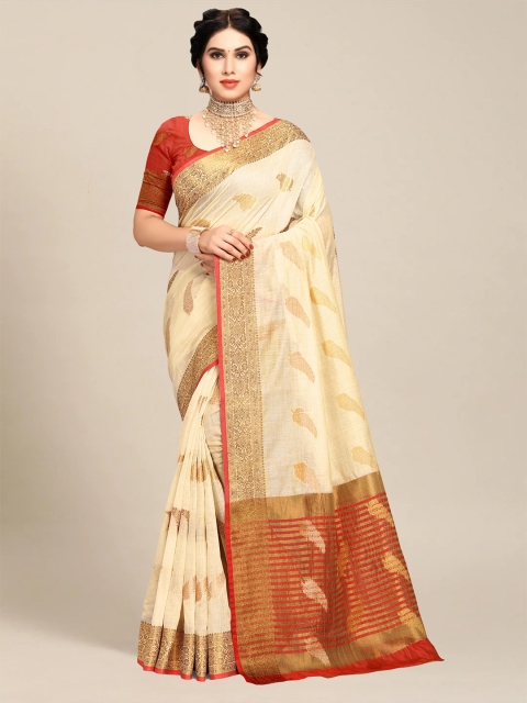 

MS RETAIL Cream-Coloured & Red Ethnic Motifs Zari Chanderi Saree