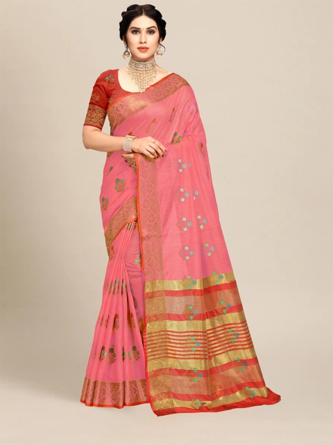 

MS RETAIL Pink & Green Floral Zari Chanderi Saree