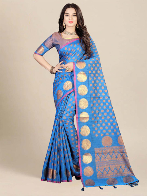 

MS RETAIL Blue & Gold-Toned Ethnic Motifs Zari Chanderi Saree