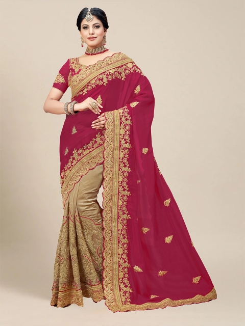 

MS RETAIL Magenta & Beige Floral Embroidered Silk Blend Saree