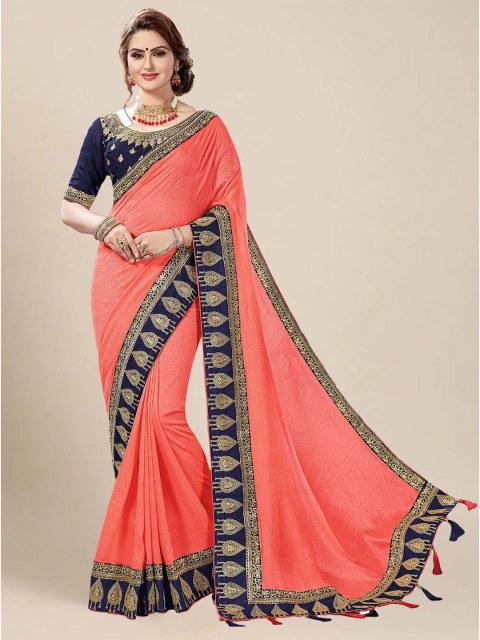 

MS RETAIL Coral & Navy Blue Embroidered Art Silk Saree