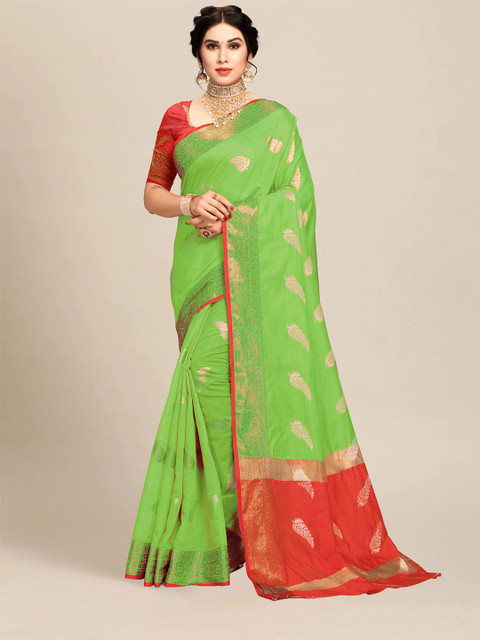 

MS RETAIL Green & Red Ethnic Motifs Zari Chanderi Saree