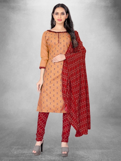 

MORLY Women Orange & Red Printed Unstitched Dress Material