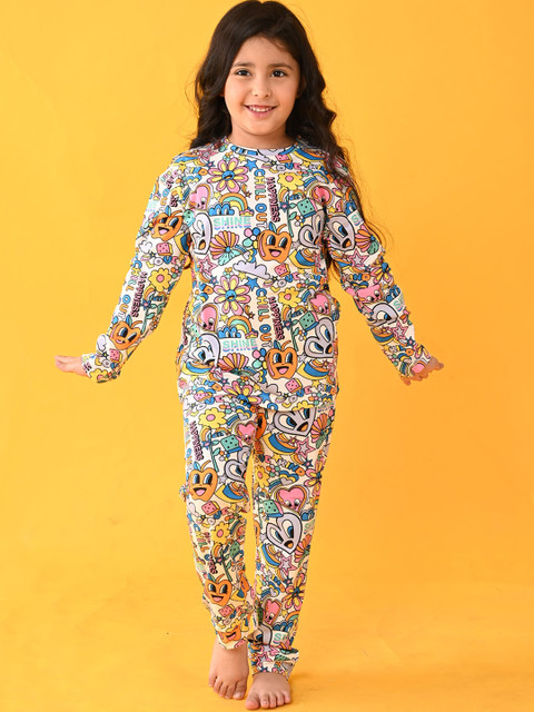 

Anthrilo Girls White & Blue Printed Cotton T-shirt and Pyjama Set AN13817N