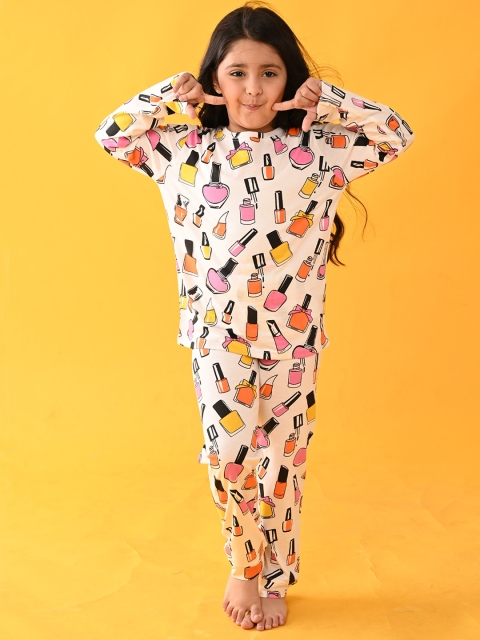 

Anthrilo Girls White & Yellow Printed Cotton Night suit AN13804N