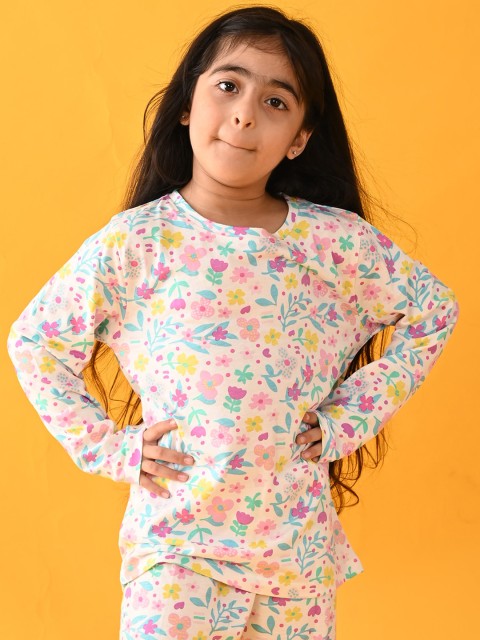 

Anthrilo Girls White & Pink Floral Printed Cotton Night suit AN13791N