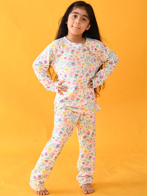

Anthrilo Girls White & Pink Floral Printed Cotton Night suit AN13791N