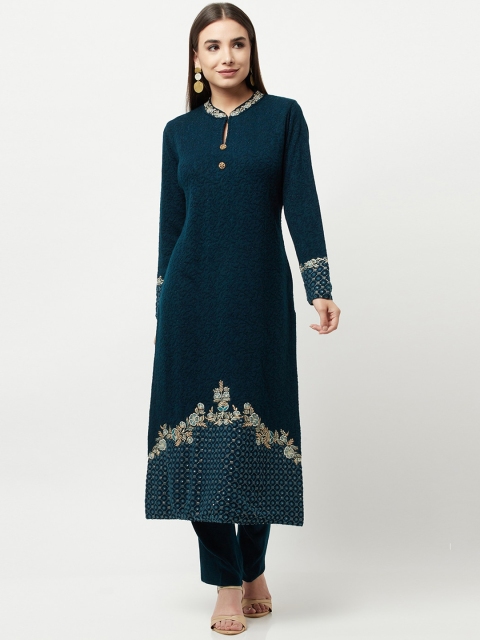 

Knitstudio Women Teal Floral Kurta with Trousers