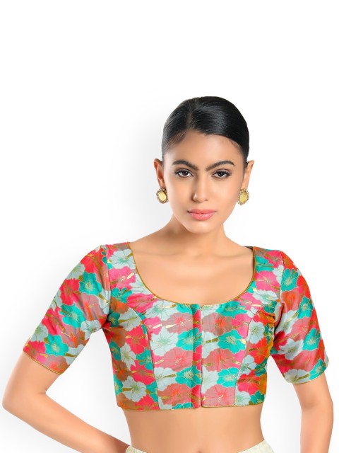 

SALWAR STUDIO Women Green & Red Woven Designed Jacquard Saree Blouse