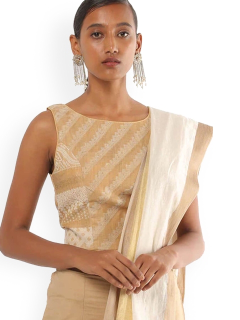 

SALWAR STUDIO Women Gold-Coloured & White Printed Cotton Readymade Saree Blouse