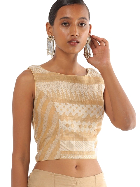 

SALWAR STUDIO Women Off-White & Golden Woven-Designed Cotton Saree Blouse, Gold