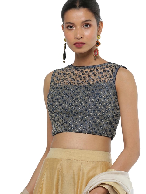 

SALWAR STUDIO Women Navy Blue & Grey Embroidered Net Saree Blouse
