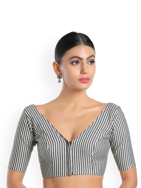 

SALWAR STUDIO Women Grey Striped Cotton Readymade Saree Blouse