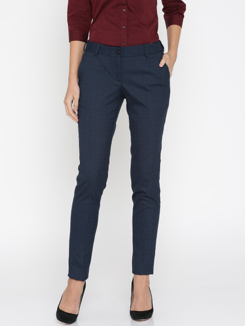 

Park Avenue Woman Blue Tapered Fit Checked Formal Trousers