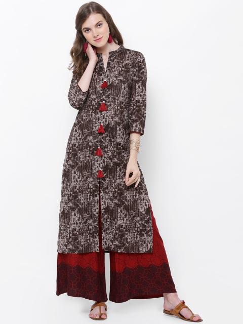 

Vishudh Women Brown & Cream-Coloured Printed Straight Kurta