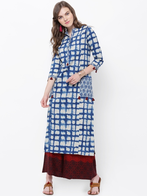 

Vishudh Women Cream-Coloured & Blue Printed Straight Kurta