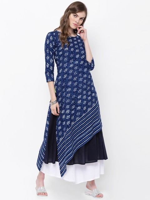 

Vishudh Women Navy Blue & White Printed A-Line Kurta