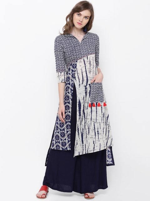

Vishudh Women Navy Blue & Cream-Coloured Printed A-Line Kurta
